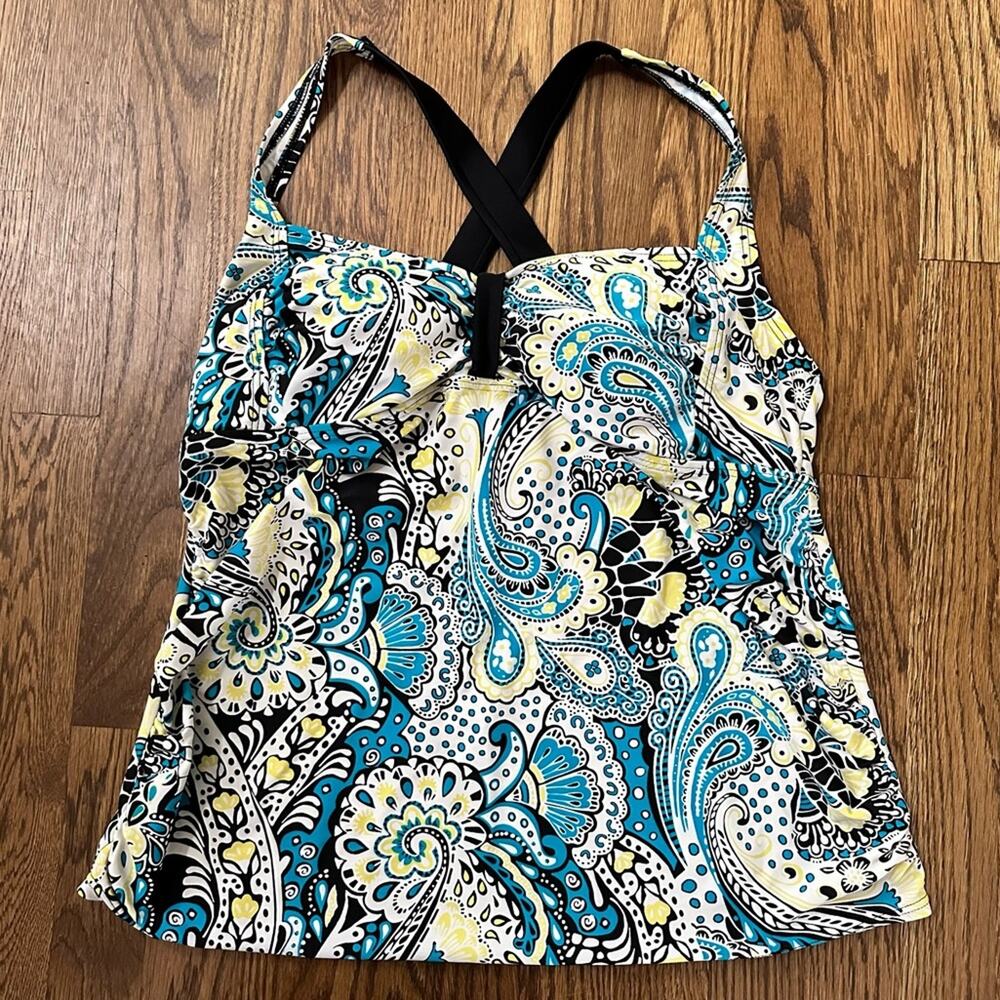 Motherhood Maternity blue and yellow paisley tankini top, size L